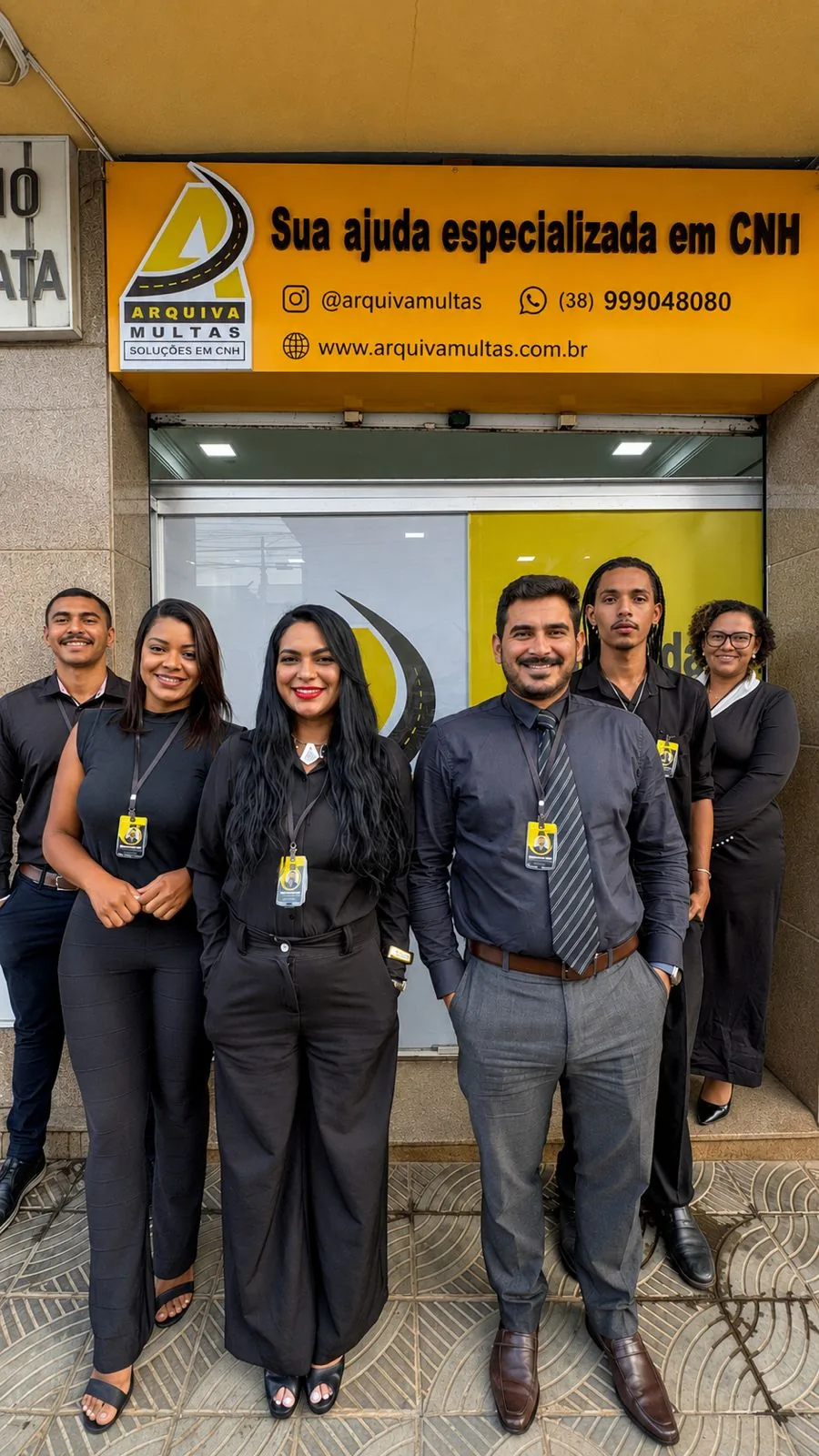 Equipe da Arquiva Multas em frente à fachada da empresa em Montes Claros — MG